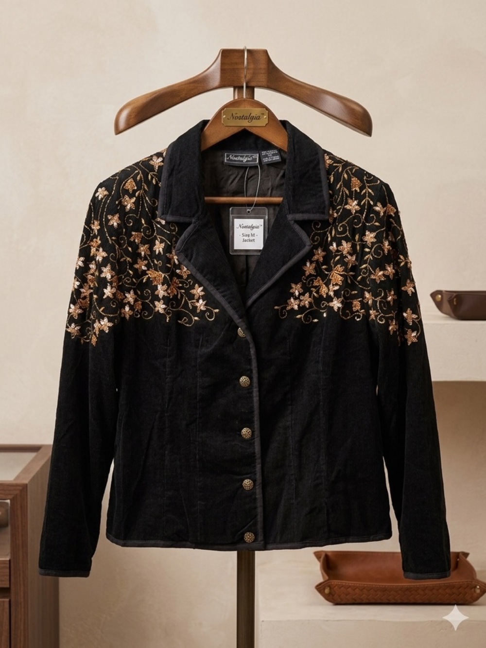Nostalgia Black Velvet Blazer with Gold Floral Embroidery